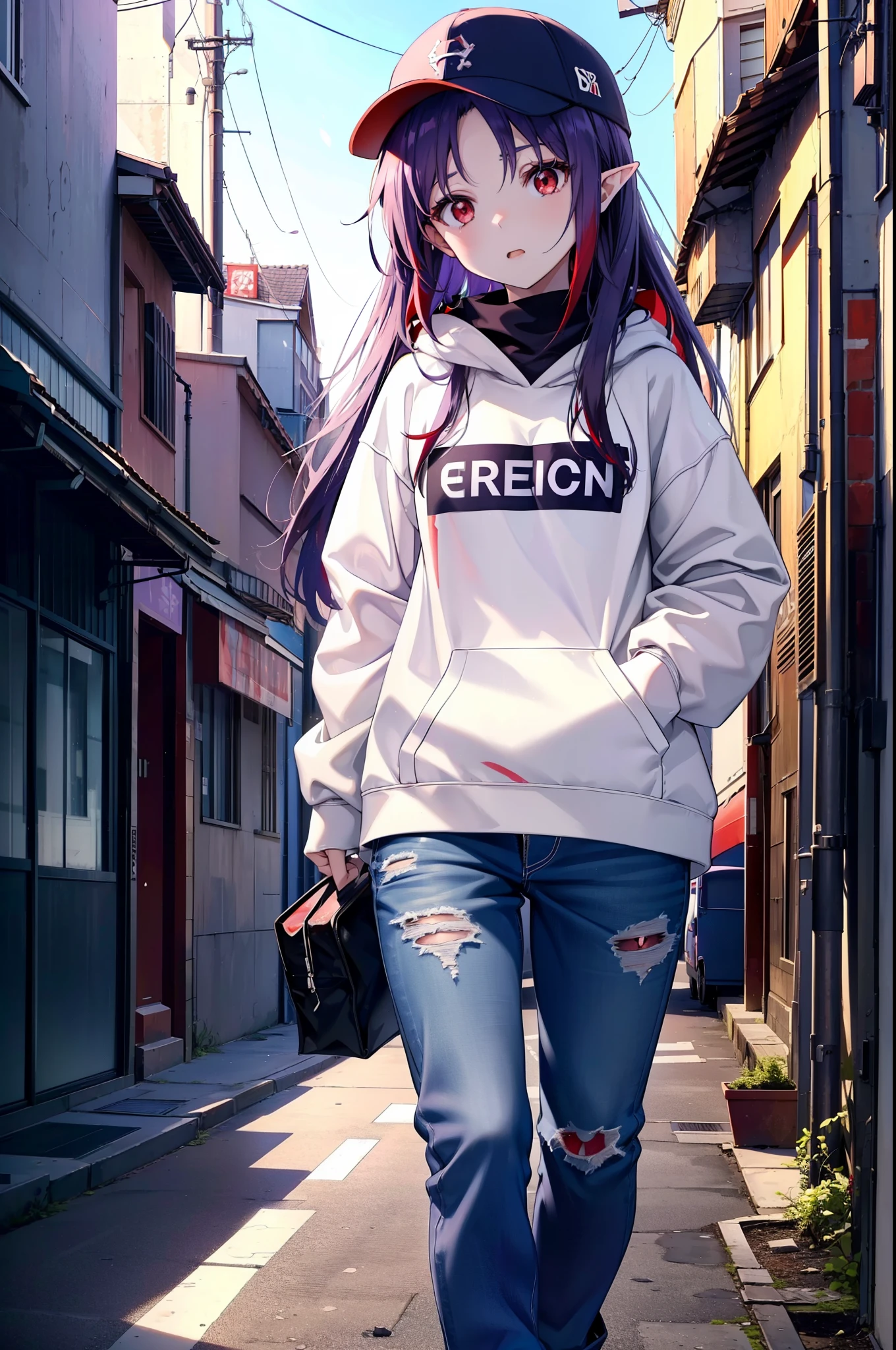 yuukikonno, Konno Yuuki, Long Hair, Pointed Ears, Purple Hair, (Red eyes:1.5), (Small breasts:1.2), Open your mouth,Baseball hats,Oversized purple hoodie,jeans,Thick hem,boots,Walking,Graffiti wall,Daytime,Clear skies,Both hands are in the pockets of the hoodie、whole bodyがイラストに入るように,
break looking at viewer, whole body,
break outdoors, Alley,
break (masterpiece:1.2), Highest quality, High resolution, unity 8k wallpaper, (figure:0.8), (Beautiful attention to detail:1.6), Highly detailed face, Perfect lighting, Highly detailed CG, (Perfect hands, Perfect Anatomy),