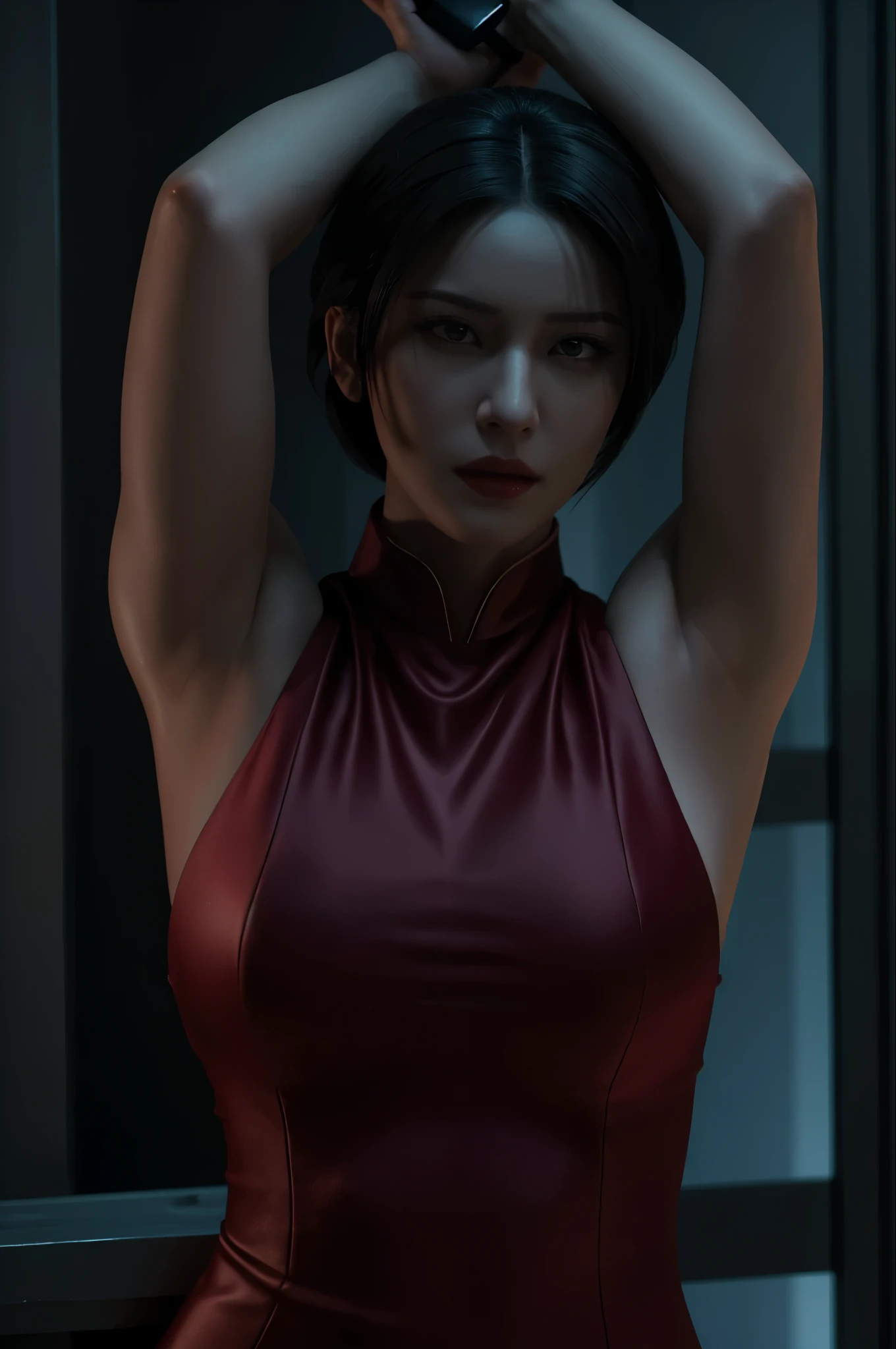(Highest quality:1.3), cinematic shot, masterpiece, (sharp focus:1.5), (photorealistic:1.3), Ada Wong is a prominent character in the Resident Evil video game series. She is known for her mysterious and enigmatic persona. With her striking appearance, Ada often wears a red qipao dress, which is a traditional Chinese outfit. Her dark hair, intense eyes, and a penchant for high heels contribute to her alluring and iconic look.

Ada is characterized by her intelligence, resourcefulness, and combat skills. She's skilled in using firearms, melee weapons, and gadgets, making her a versatile fighter. Throughout the series, she's often seen as an independent and secretive individual, driven by her own motives. Her interactions with other characters are usually marked by a sense of ambiguity and hidden agendas.

Ada's involvement in the series typically revolves around espionage, uncovering conspiracies, and dealing with biohazard outbreaks. Her complex relationships with other characters, such as Leon S. Kennedy, contribute to the intrigue and drama within the game's narrative. Overall, Ada Wong's multifaceted personality, captivating appearance, and central role in the Resident Evil series make her a memorable and iconic game character, (highly detailed skin),  (detailed face), detailed background, dark lighting, twilight lighting, volumetric lighting,  intricate details, UHD,