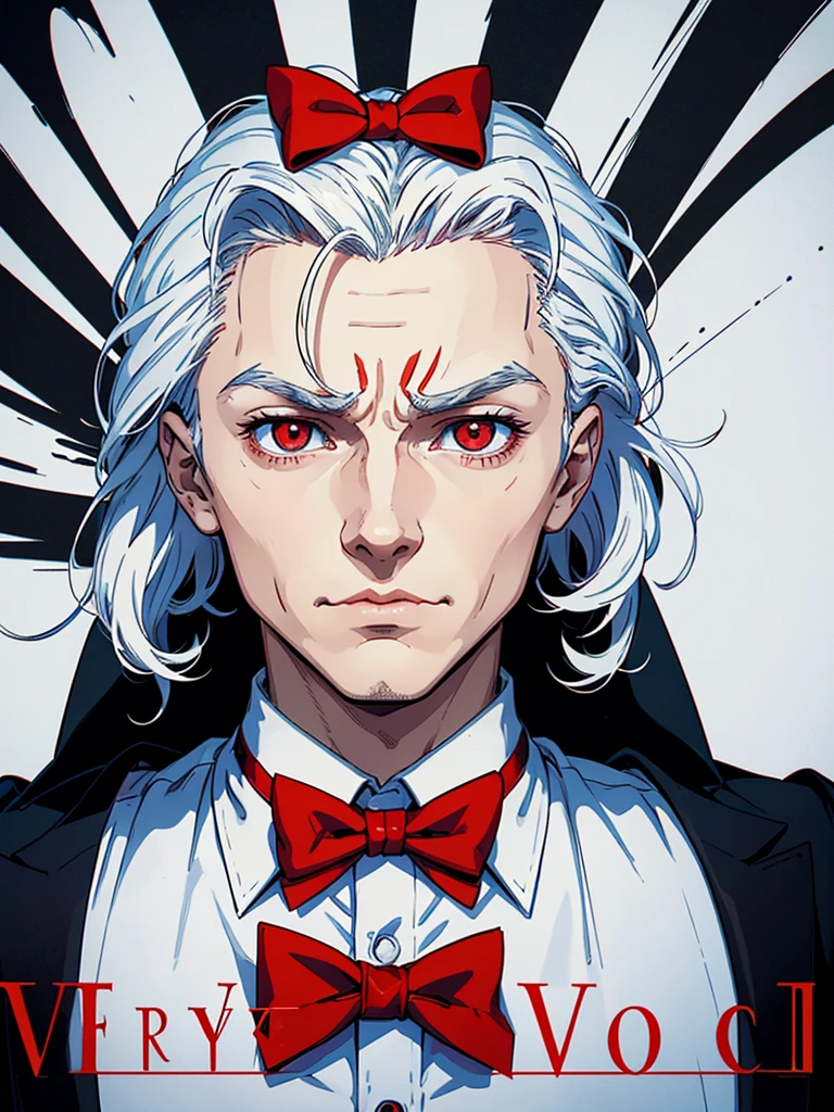 "Masterpiece, best quality, BREAK, young man, white hair,short messy hair, blue eyes,muscular femboy, insane eyes, yandere eyes, tall, black suit, red tie, black highlights, red strand of hair in the middle,tired face, 1boy, solo"