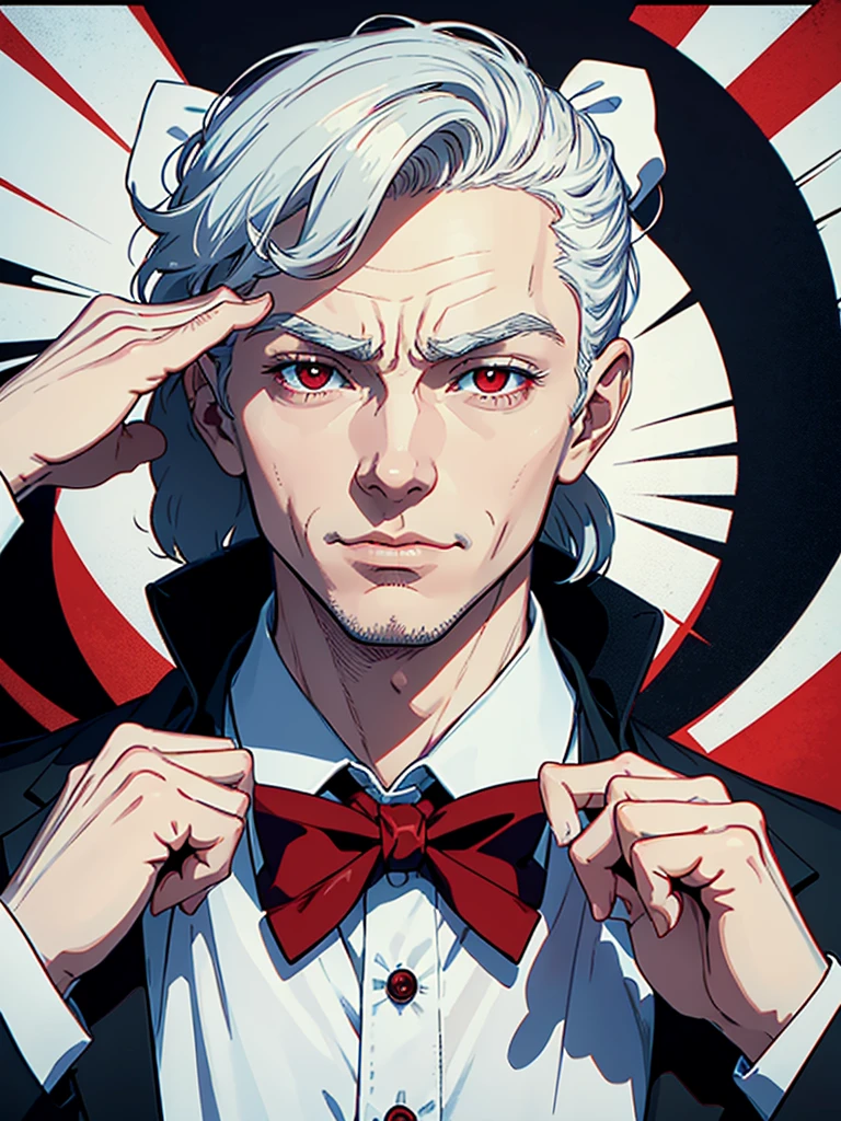 portrait of a close up of a poster with a man with his hands up, He has Red eyes and white short hair, wearing white, his hands up and a bow tie. he is making hypnosise with his hand. Dracula style. comics anime style, 70s poster, pop punk art style (No background) (portrait of his upper body)