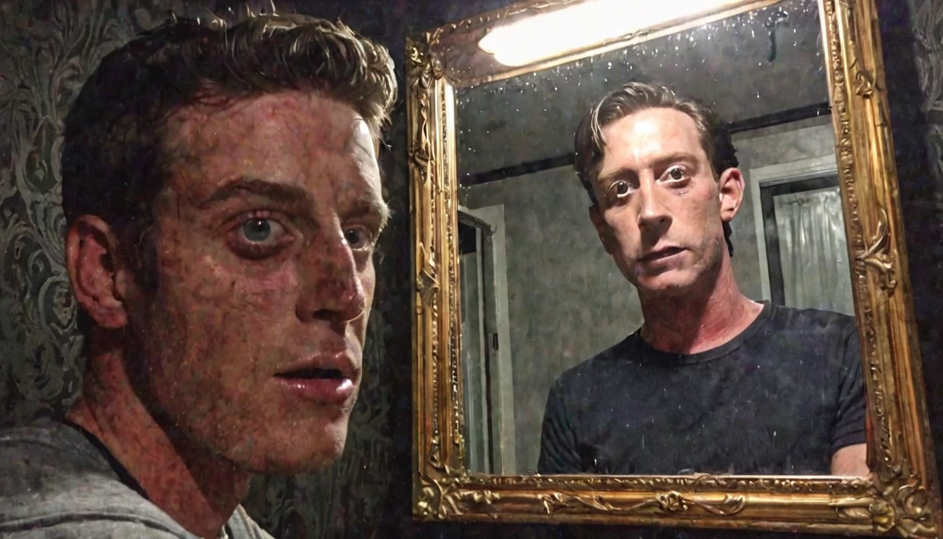 selfie photo of a man in front of the mirror but his reflection is staring at him, everything is dark, only flashlight light, disturbing atmosphere,creepy aura,,in the night,blair witch project atmosphere, unnerving and creepy aura, disturbing aura,horror core,found footage,grainy,