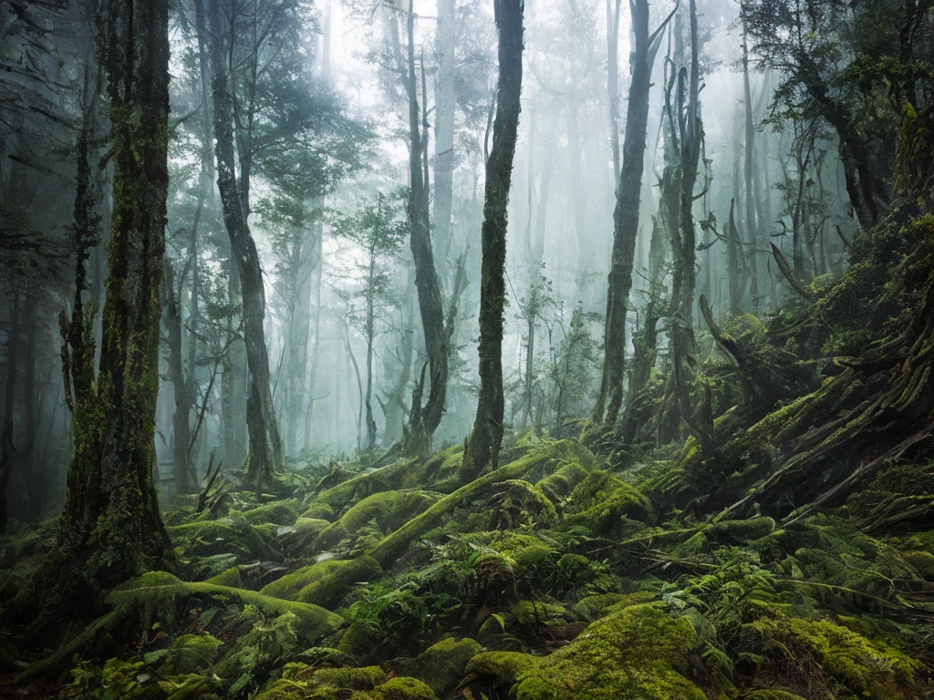 A thick forest in nighttime, high chaos, dark fairytale atmosphere, soft sunlight, intricate work by Johan Grenier style, Alyssa Monks style