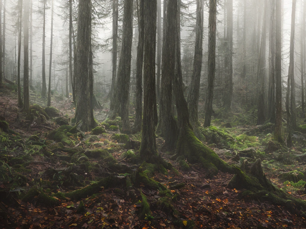 A thick forest in nighttime, high chaos, dark fairytale atmosphere, soft sunlight, intricate work by Johan Grenier style, Alyssa Monks style