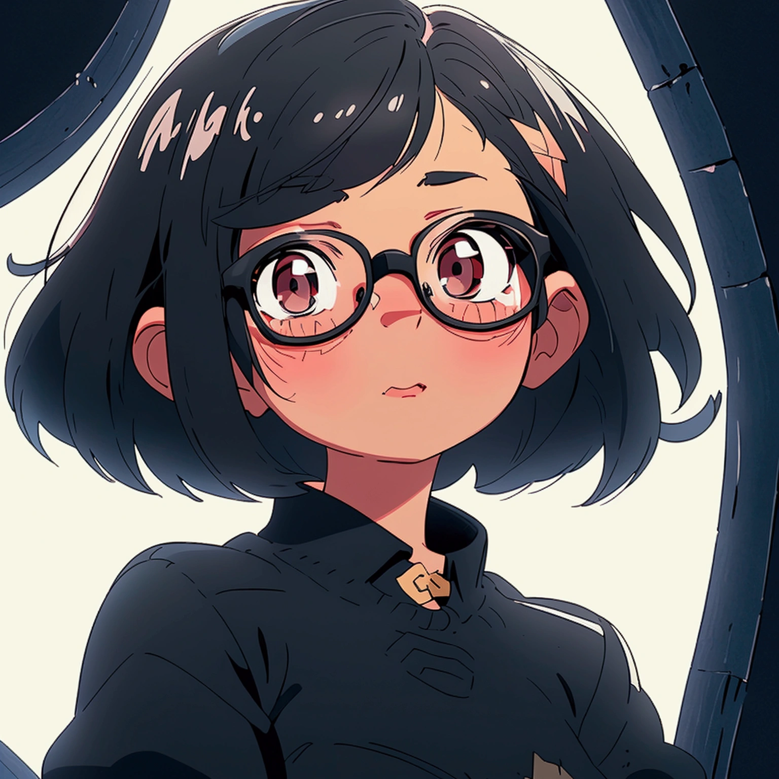 A bob cut elementary school girl is wearing glasses, black eyes, not wearing glasses, poses to look at the camera and kiss, looks up, white skin, big breasts, looking up, black hair