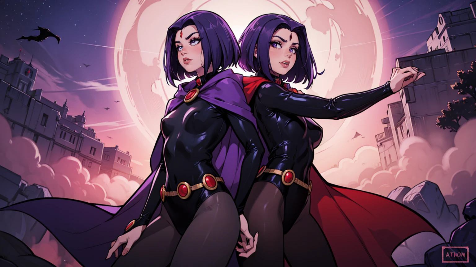 illustration of Raven from DC Comics, 1 girl, Raven, high collar, collant preto, black cloack, hooded cloak, cabelo roxo, testa jeauel, purples eyes, shorth hair, waist belt, stretched skin, standing, neckleace, toned, pose, natta , moonlights, ((posando)), motion lines, trunk, trunk, portraite, b&au. contour, in anime tarot card art style, chic, glamorous, reflection, Glow Up, shadowing, hose 40 dinier, mic, dynamic angle