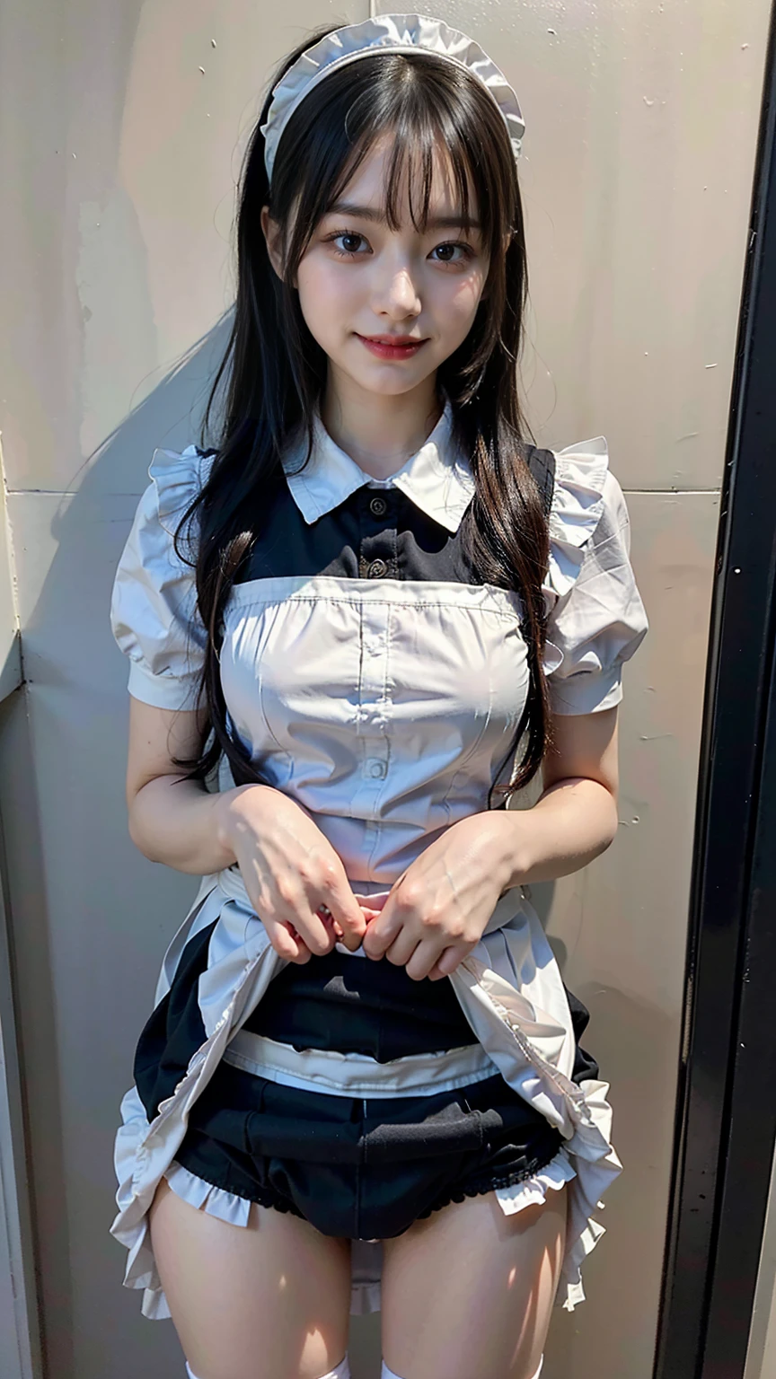 (8K、RAW Photos、Highest quality、masterpiece:1.2)、(Realistic、Realistic)、1 Girl、((Maid Costume:1.2、Thin legs、whole body、View from the front、smile、Looking into the camera、Hold your skirt with both hands and show me your black panties))、cute