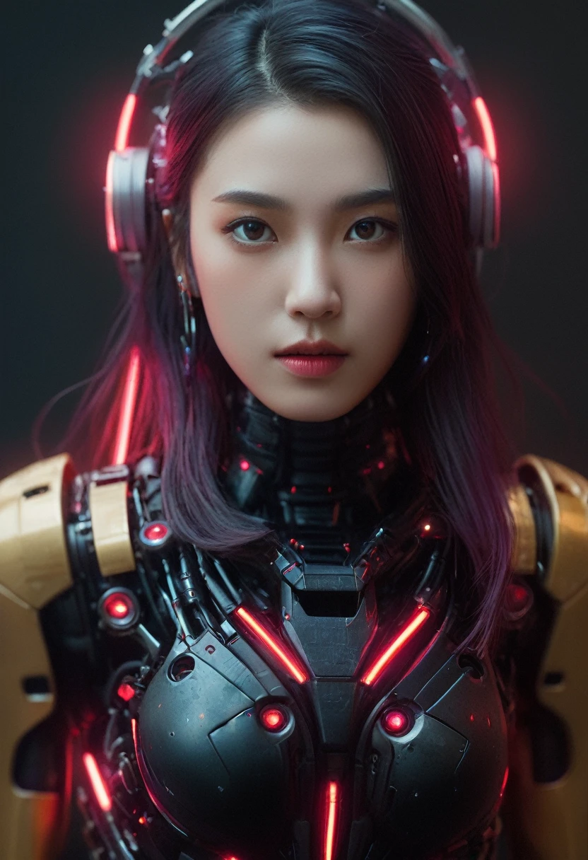 xxmixgirl. Highly detailed professional 35mm film, bokeh, face in sharp focus. A robotic female, Miku, with ((metal skin)), ((perfect Asian eyes)) with magenta irises and ((black pupils)), beautiful serious (detailed face), 18 year old ((photorealistic face)), very long magenta twin tails of magenta hair, twin black hair ties with a single red stripe. She may have a black audio headpiece. We can see her ((full body)) down to her boot soles. Her outfit is a sleeveless collared light grey shirt, outlined in red around the frilled collar and hems. Shiny reflective ((metallic breast cups, dimpleless)), invisible nipples. She wears black sleeves with red hems that start around her upper arm and bellow out as the sleeves open and extend to her wrists, with wide trumpet red rimmed cuffs. She has perfect robotic (detailed hands). She wears a red colored tie with two horizontal solid parallel black lines halfway across. She wears a fabric black skirt with a horizontal red hem at the bottom all the way around; her (((black skirt wraps around her))) and ((her skirt completely covers)) her robotic waist and thighs. Tall black boots with red bottom soles, a red rim around the top at her thighs. Her mechanical shoulder joints are visible. We can see her robotic legs and robotic neck. Half of her is covered with shiny polished machinery. The background is a distant dark neon futuristic Japanese city, gold, cyan, violet neon, near harbor or mountains.
