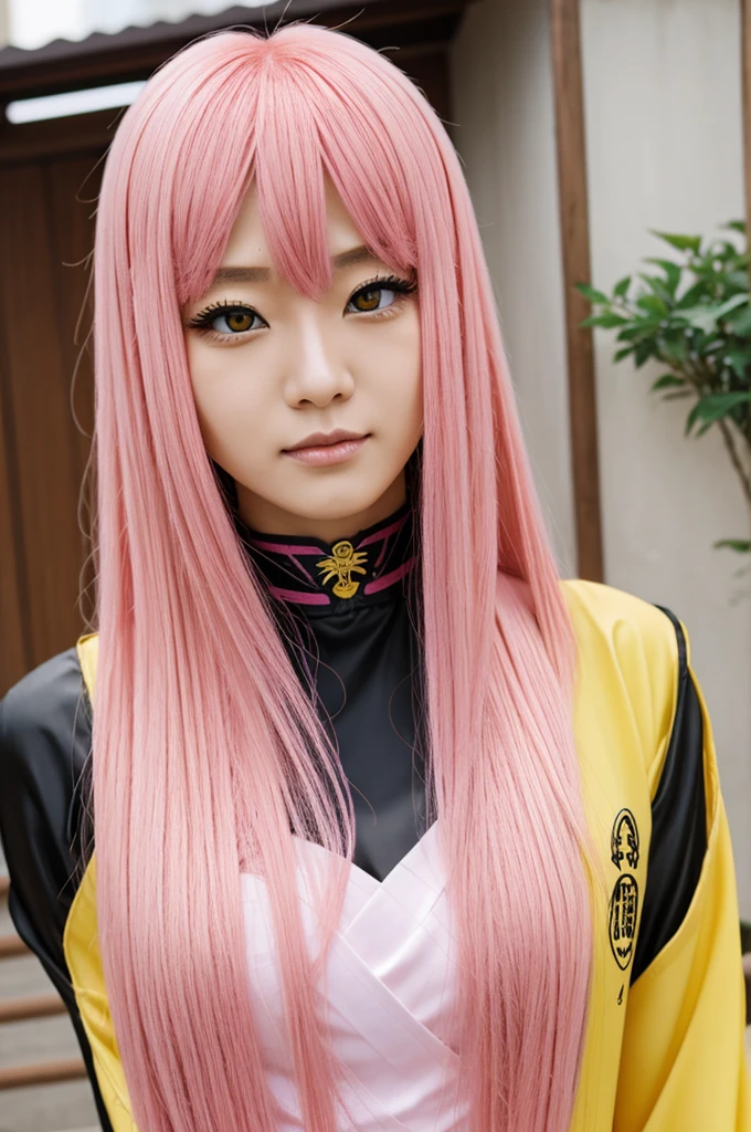 Woman, long pink hair, yellow eyes
Genshin impact style
