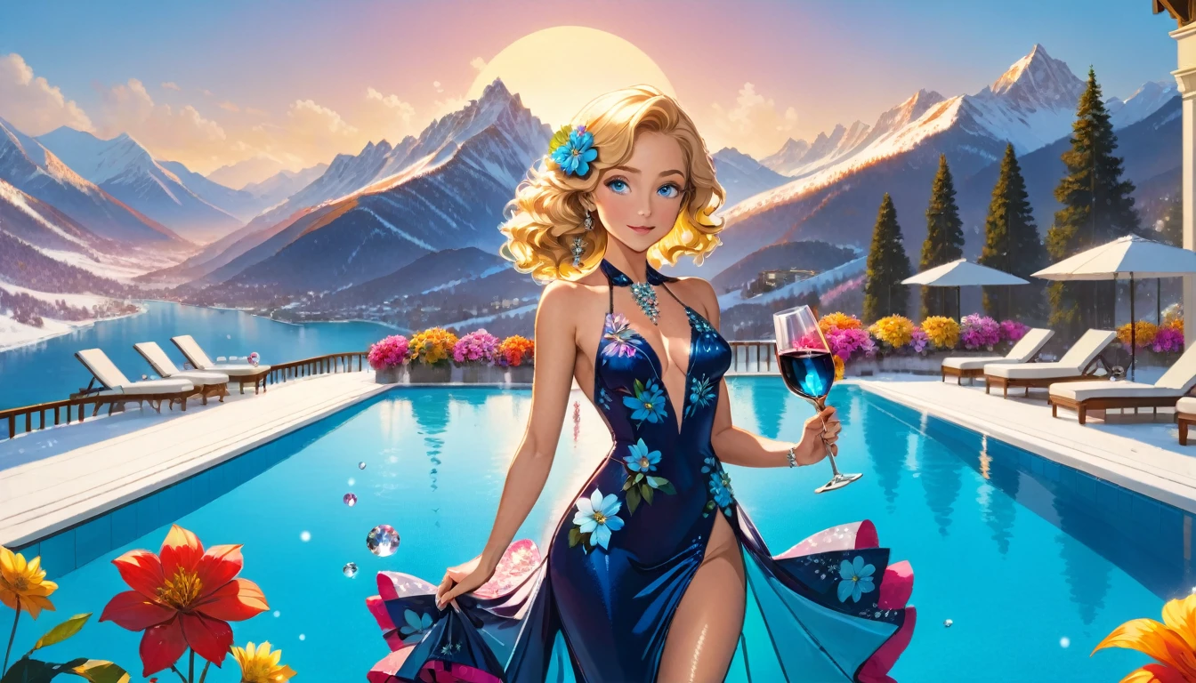 an ultra wide award winning picture of an elite glamour woman in a pool party in a high society pool on a snowy mountain, a most beautiful woman  ((anatomically correct:1.5)), blond hair, rich hair, wavy hair, deep blue eyes, wearing a bathing suit dress, intricate bathing suit, dynamic color, decorated with flowers, decorated with diamonds, sense of prestige, high class, holding a glass of wine, wearing elegant high heels, in a rich high society pool party, large infinity pool in hotel roof, in a resort on a snowy mountain, sun setting down, torches around the pool, and other party goers snow mountain in the background,  Wide-Angle, award winning, best quality, high quality, high details, highres, vibrant, Ultra-high resolution, High Contrast, (masterpiece:1.5), highest quality, Best aesthetics), best details, best quality, highres, ultra wide angle, 16k, [ultra detailed], masterpiece, best quality, chumbasket art style, flower dress