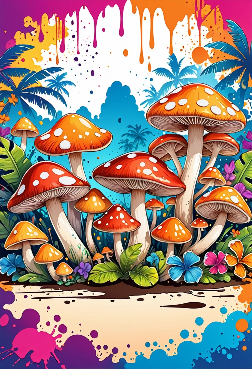 Vector Art, Colorful illustration with mushrooms, In the center, Vibrant colors, Paint splatters and stains, High Detail,Hawaiian style background