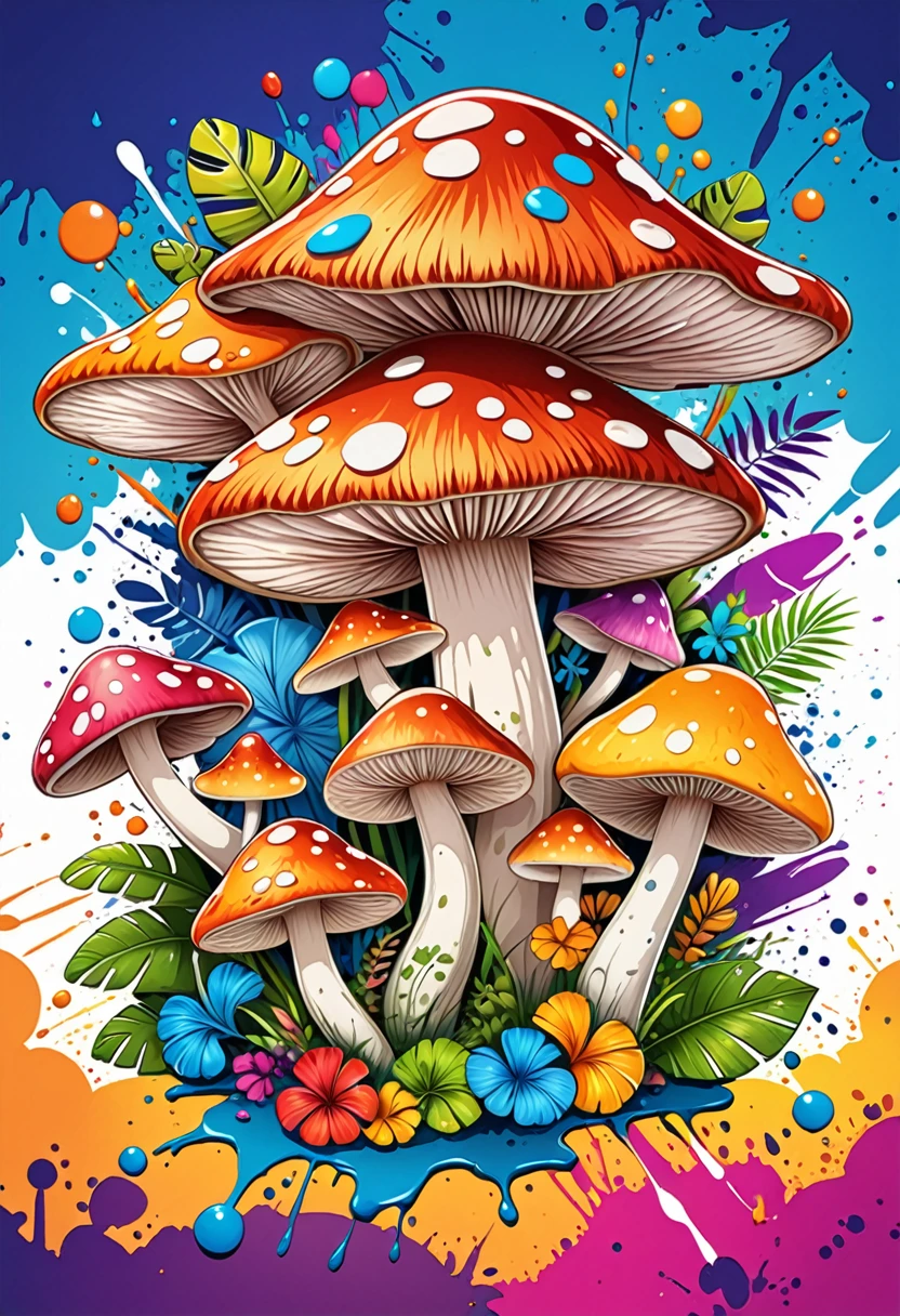 Vector Art, Colorful illustration with mushrooms, In the center, Vibrant colors, Paint splatters and stains, High Detail,Hawaiian style background