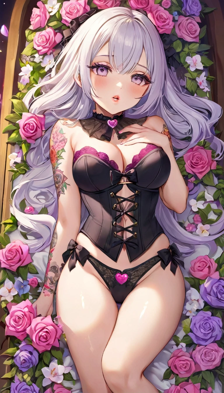 {{{{{16k}}}}}, {{{{{transforming a pure girl into her facial rank and tits rose to the SSS rank of top-notch pretty actresses, She is laid on an coffin of flowers bouquets and her body becomes more curvy, she is turned into a cutesy flower arrangements, getting her tattoos increased her waist and underbust became thinner, her breasts become even larger and deeper with cleavage, Her hair is replaced by a bang long glossy very Straight hair, A 10-years-old young girl who was supposed to have died, but was injected with more and more female hormones and Reproduce as underbust and topbust firmness lasciviousness 18-years-old nudity girl of the expression dyed in bewitching eroticism, The growing body is reproduced with sex-loving, sexy, thick, dark lips, and,She is fitted with a heart collar that puts people which transforms her into a cute once-in-a-millennium narcotic flower arrangement that becomes her too-cute}}}}},{{Extremely detailed}},{{{{{integrated her head pure small, All the fat from her limbs and waist will move to her swinging tits and slender limbs, Enchanting Too thick and erotic lips, Her thickened lips shimmer with luster, A cutely girl's soul-draining white eyes}}}}},{{{{{Her tattoos spread all over her body, She is tattooed with lewd flowers on her neck, arms, lower abdomen, thighs, Flower piercings are attached all over her body}}}}}