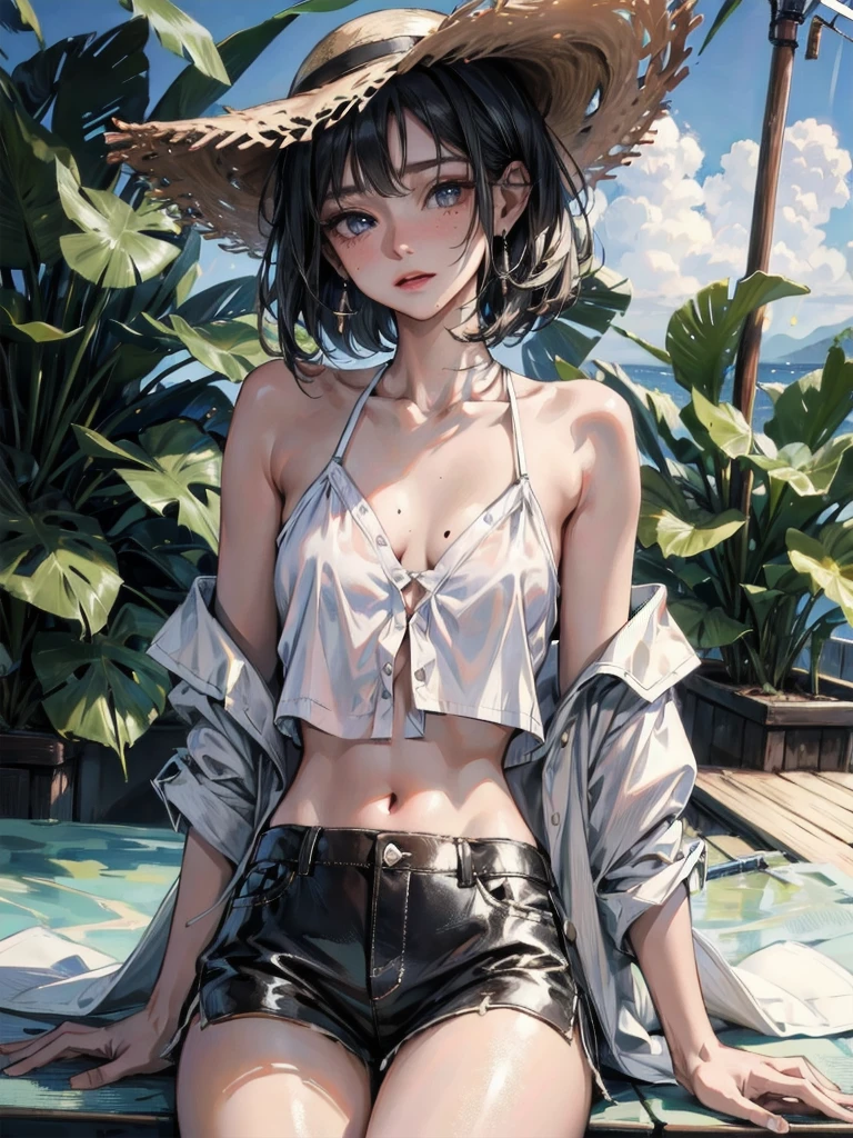 absurdres, RAW photo, extremely delicate and beautiful, masterpiece, Best Quality, ultra high resolution, 32k, hyperrealistic, ultra-detailed, perfect figure, in her 20s, very small head, very small face, delicate facial features, tearful mole, earring, huge breasts, full body shot, medium hair, black hair, Colored inner hair,  casual, blouse, white shirt, buttoned shirt, bare shoulders, collarbone, midriff, navel, shorts, straw hat,