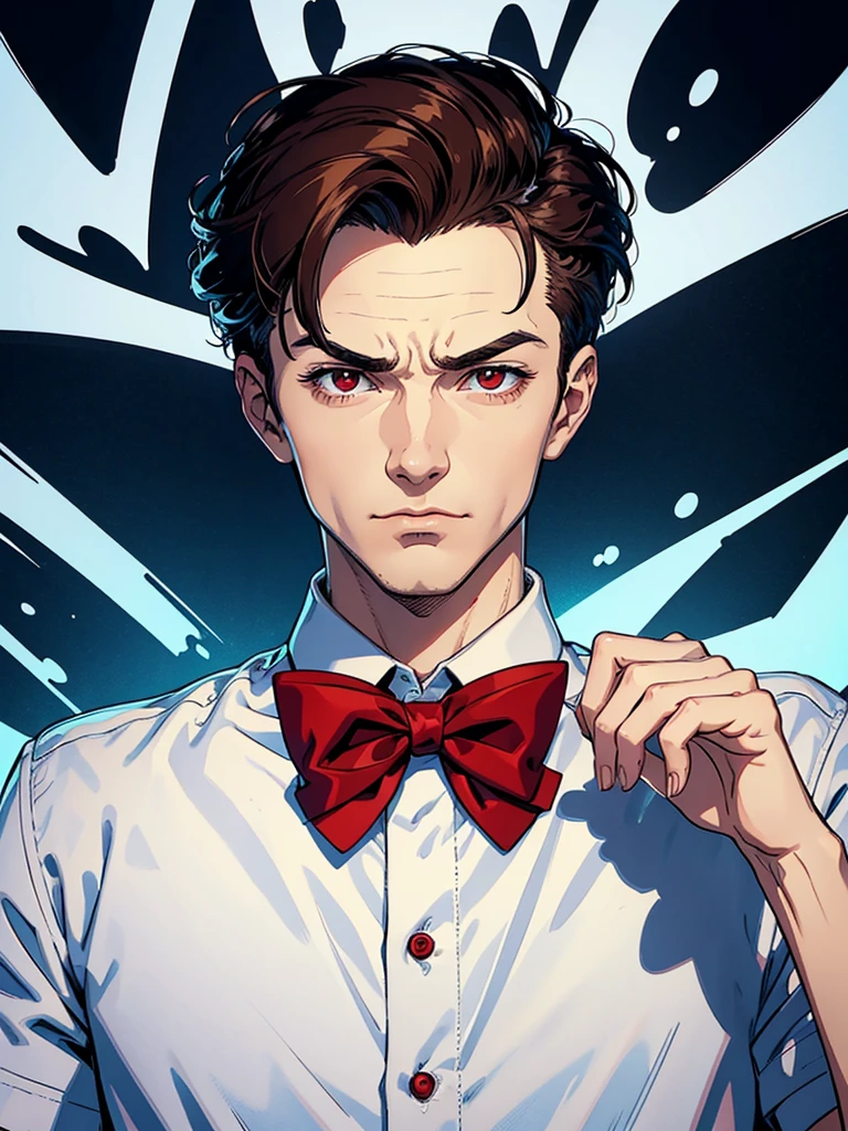 portrait of a close up of a poster with a man. his hands is up and fingers towards us, he is making hypnosis.He has Red eyes and white short hair, wearing white, his hands up and a bow tie. he is making hypnosise with his hand. Dracula style. comics anime style, 70s poster, pop punk art style (No background) (portrait of his upper body)