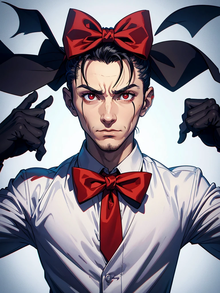 portrait of a close up of a poster with a man. his hands is up and fingers towards us, he is making hypnosis.He has Red eyes and white short hair, wearing white, his hands up and a bow tie. he is making hypnosise with his hand. Dracula style. comics anime style, 70s poster, pop punk art style (No background) (portrait of his upper body)