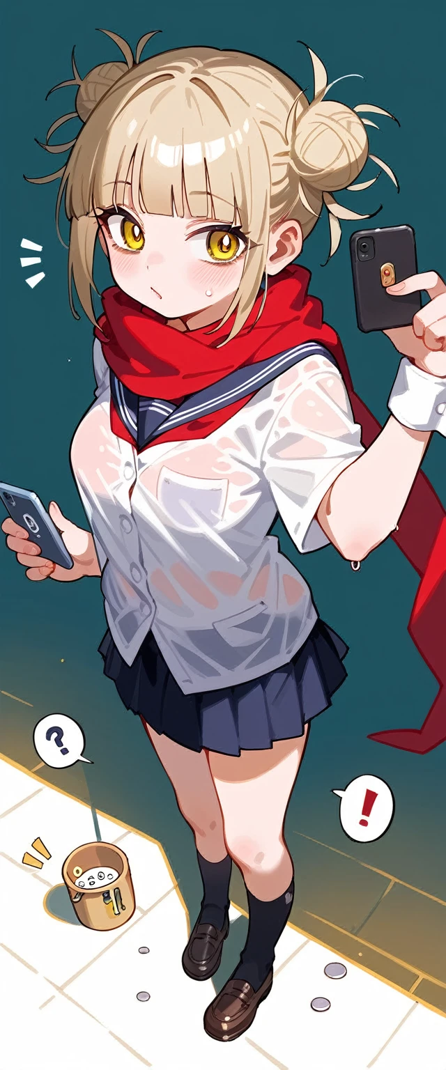 anime art, punctuation_9, punctuation_8_High above, punctuation_7_High above, punctuation_6_High above, punctuation_5_High above, punctuation_4_High above, toga himiko, breasts big, She is 24 years old, stylised_3, ,,, yellow  eyes , , , , _, , His usual outfit consists of a simple seifuku with a very short Kansai collar and a wet shirt.., translucent texture., with the eyes showing a little., both the short skirt showing thinness, translucent white panties and small, transparent dark blue shirt with double white trim, very small, which is combined with a red scarf that she ties loosely at the bottom almost falling down. What's More, She wears a small beige cardigan with a small hem and cuffs. , and pockets on both sides, the one on the right shows a series of trinkets on a keychain or on a cell phone strap. She wears black knee-high socks and dark brown school shoes... fundo cinza, the view would be of her from the shore and a view below her, your ass would be too big and your panties would be too thin, the poico skirt covered, and she was&#39;She is not wearing a bra under her see-through t-shirt, making your nipple appear, larger and more visible breasts, much more transparent music, more apparent and voluminous intimacy