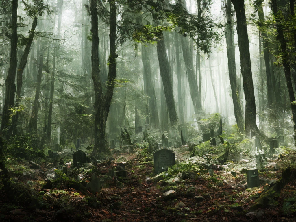 A graveyard in a forest, high chaos, dark fairytale atmosphere, soft sunlight, intricate work by Johan Grenier style, Alyssa Monks style