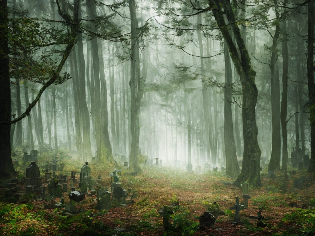 A graveyard in a forest, high chaos, dark fairytale atmosphere, soft sunlight, intricate work by Johan Grenier style, Alyssa Monks style