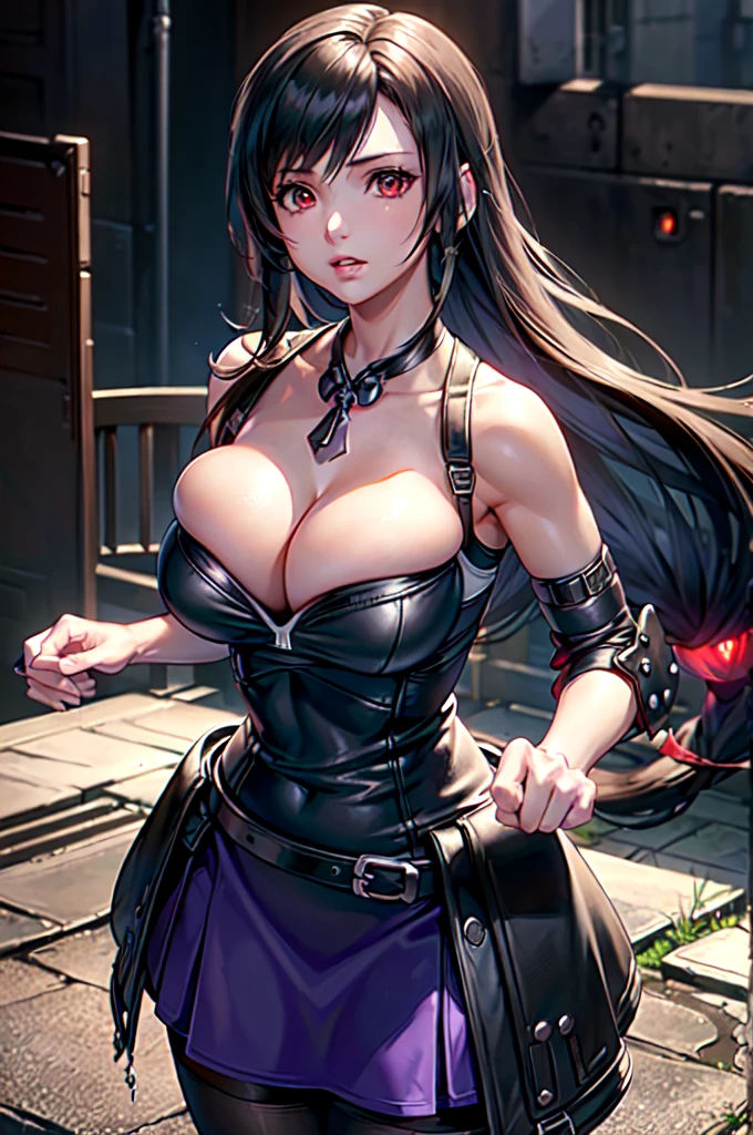 (8K, Highest quality, masterpiece:1.2), (Realistic, photo-Realistic:1.37), Super detailed, 1 Girl,cute, alone, (Tifa Lockhart), ((信じられないほど巨大なHuge breasts, Huge breasts:1.6),(Beautiful attention to detail), (smile:1.2), (Mouth closed), Sexy pose, Dancing, Outside the factory, Depth of written boundary, Dark intense shadows, Sharp focus, Depth of written boundary, Good composition, Green glowing light, Final Fantasy VII, (Purple Dress:1.3) choker, Cleavage (whole body:1.5), Headrest, lips, Pretty face, Long hair tied low, ((Red eyes:1.3)), (night:1.2), Complex, Bokeh, Cinema Lighting, Photon Mapping, Radio City, Physically Based Rendering, (Tetsuya Nomura Style), Browsing Caution, Perfect breasts, View from above