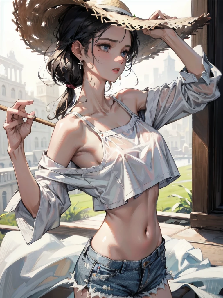 absurdres, RAW photo, extremely delicate and beautiful, masterpiece, Best Quality, ultra high resolution, 32k, hyperrealistic, ultra-detailed, perfect figure, in her 20s, very small head, very small face, delicate facial features, tearful mole, earring, huge breasts, full body shot, medium hair, black hair, Colored inner hair, casual, blouse, white shirt, buttoned shirt, bare shoulders, collarbone, midriff, navel, shorts, straw hat,