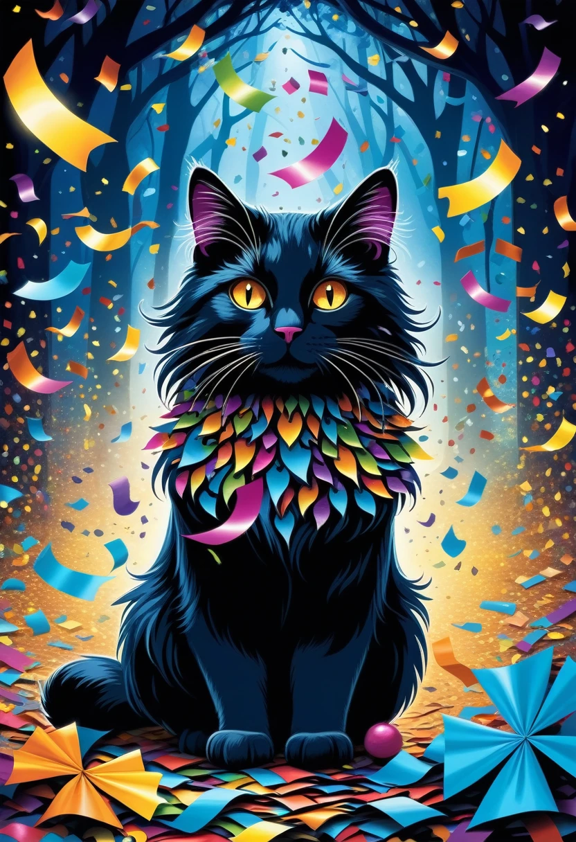 beautiful sky cat, chove confete de papel vibrante, stunning illustration with kaleidoscope of colorful confetti, reino de fantasia sombria, enchanted by the dark and fantastic world, streamers of paper confetti dance in the air, against a dark fantasy world backdrop, detalhes intrincados e pinceladas meticulosas trazem um mundo de fantasia sombrio, every stunning detail of this wonderland, Mesmerizing spectacle, from elaborate costumes to the intricate background, mesmerizing effect luring you to a wonderful land, Beautifully detailed illustration, visuais impressionantes, luz e sombra, alta qualidade, high resolution, contraste tonal,