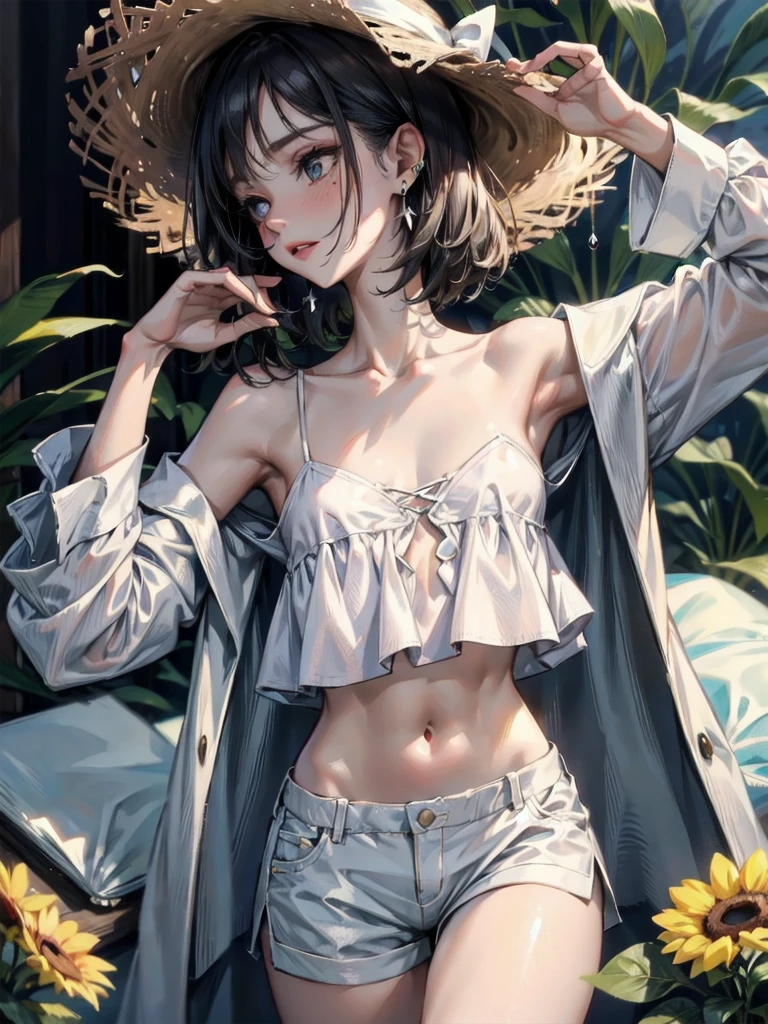 ((((absurdres, RAW photo, extremely delicate and beautiful, masterpiece, Best Quality, ultra high resolution, 32k, hyperrealistic, ultra-detailed)))), in her 20s, very Slim body, narrow waist, very small head, very small face, delicate facial features, beautiful face, beautiful eyes, ((very huge round tits)), medium hair, black hair, wavy hair, tearful mole, earring, whole body shot, casual, blouse, white shirt, buttoned shirt, bare shoulders, collarbone, midriff, navel, shorts, straw hat,