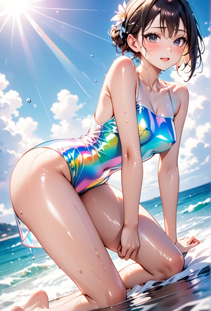 ((swimsuit costume)), ((swimsuit sides see-through)), ((The swimsuit is a vivid color)), holographic fabric, skindentation, skinny, solo, 1 woman, Masterpiece, highest quality, highest quality, 16K, incredibly absurd, highly detailed, 2.5D, ai-generated, delicate and dynamic, very delicate facial expressions, delicate eye depiction, erotic, only sexy woman, ((A cute and kind face)), healthy figure, 25-year-old woman, bride, 160cm tall, medium firm swaying bust, (dark hair), black eye, blush, Sweat,Embarrassed,sexy, ((thin thighs)), (Erect nipples:0.7), (visible nipples:0.5), ((shiny and lustrous)), facing straight at viewer, ((brown black skin)), ((Oily_skin)), sweaty skin, wet skin, (suntan), dutch angle, ((sexy pose)), Dynamic poses, ((Summer Sea)), Strong sunlight, ((Lying)), ((On the open sea)),