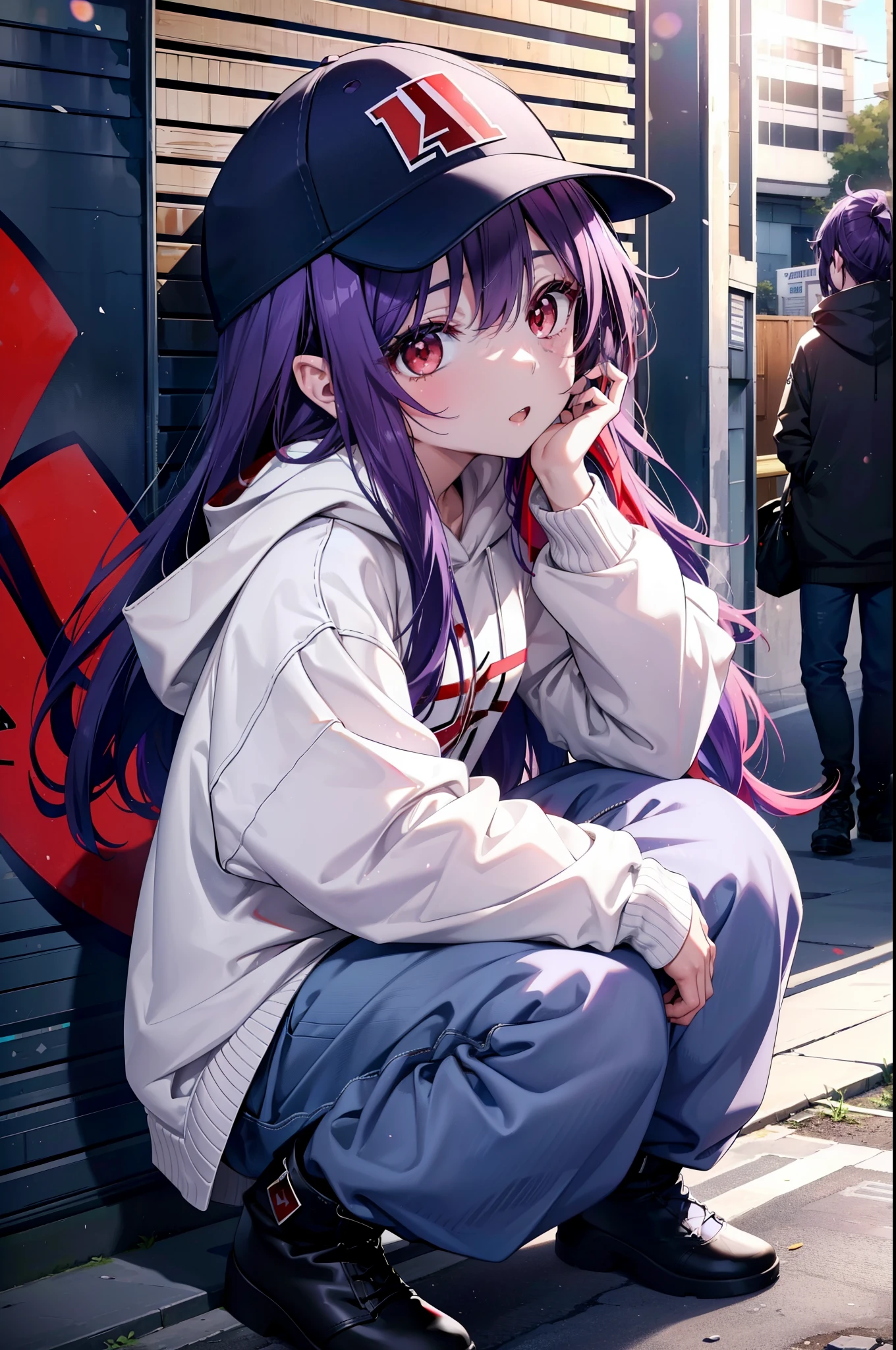yuukikonno, Konno Yuuki, Long Hair, Pointed Ears, Purple Hair, (Red eyes:1.5), (Small breasts:1.2), Open your mouth,Baseball hats,Oversized purple hoodie,jeans,Thick hem,boots,Walking,Graffiti wall,Daytime,Clear skies,Both hands are in the pockets of the hoodie、whole bodyがイラストに入るように,
break looking at viewer, whole body,
break outdoors, Alley,
break (masterpiece:1.2), Highest quality, High resolution, unity 8k wallpaper, (figure:0.8), (Beautiful attention to detail:1.6), Highly detailed face, Perfect lighting, Highly detailed CG, (Perfect hands, Perfect Anatomy),