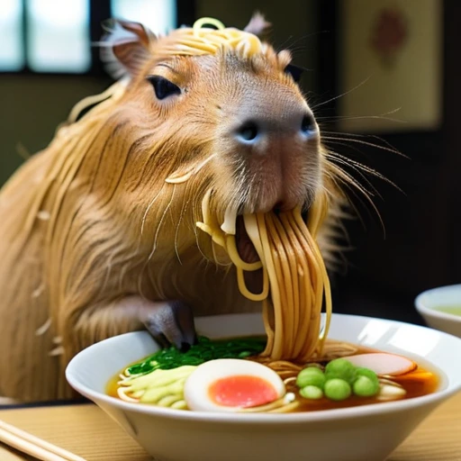 no human,original, capybara,airamen,eating_ramen, 
masterpiece, best quality, very aesthetic, absurdres,