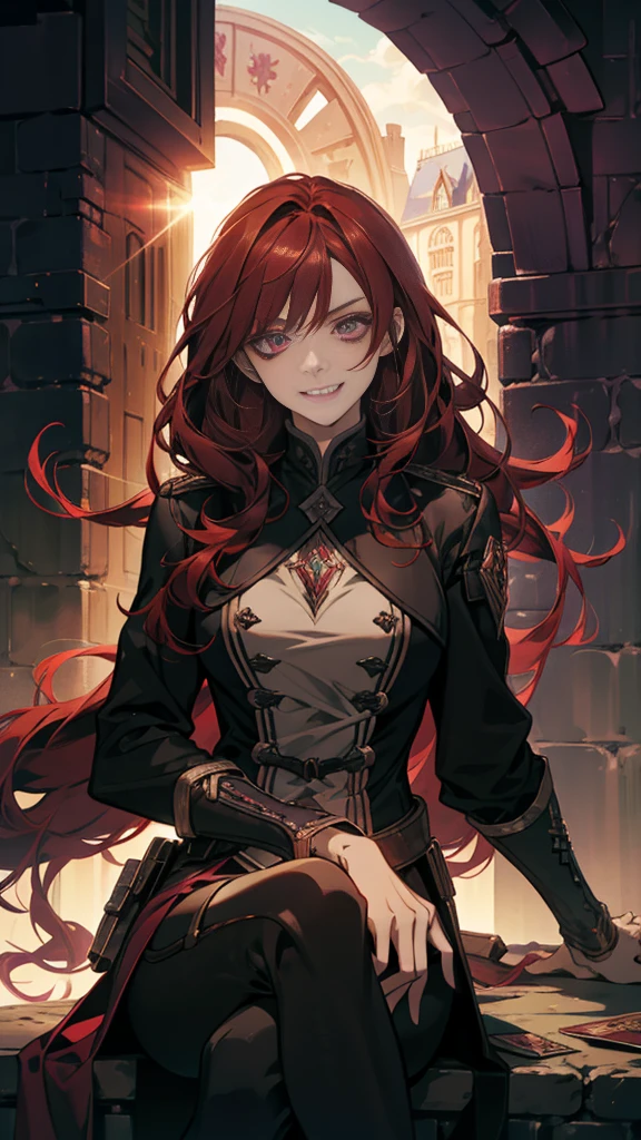 A female assasin with dark cherry red hair, purple eyes, and a menacing look along with a grin, sitting on top of a building with the sunsent light behing her,
