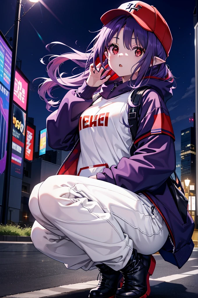 yuukikonno, Konno Yuuki,  Long Hair, Pointed Ears, Purple Hair, (Red eyes:1.5), (Small breasts:1.2), Open your mouth,Baseball hats,Oversized purple hoodie,jeans,Thick hem,boots,Walking,Graffiti wall,Daytime,Clear skies,Both hands are in the pockets of the hoodie、whole bodyがイラストに入るように,
break looking at viewer, whole body,
break outdoors, Alley,
break (masterpiece:1.2), Highest quality, High resolution, unity 8k wallpaper, (figure:0.8), (Beautiful attention to detail:1.6), Highly detailed face, Perfect lighting, Highly detailed CG, (Perfect hands, Perfect ???????),