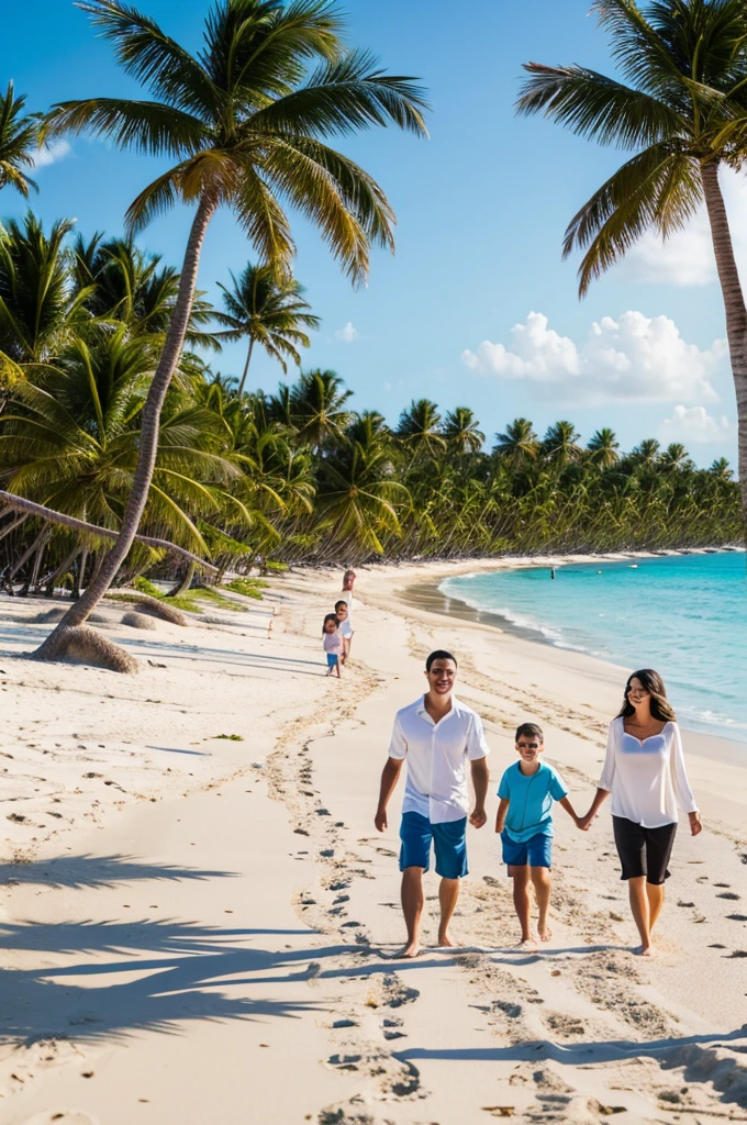 Family enjoying an afternoon on a white sand beach and palm trees around 
