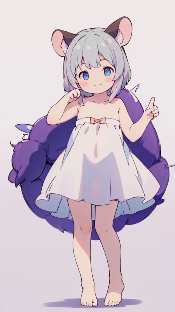((masterpiece))((Highest quality))Mouse Ears、girl、smile、blush、Flat Chest、Are thin、、low length、Gray Hair、blush、Are standing、Whole body image、Even your toes are visible、Eye level on face、front、No background、Mouse pose、真frontのアングル、Completely naked