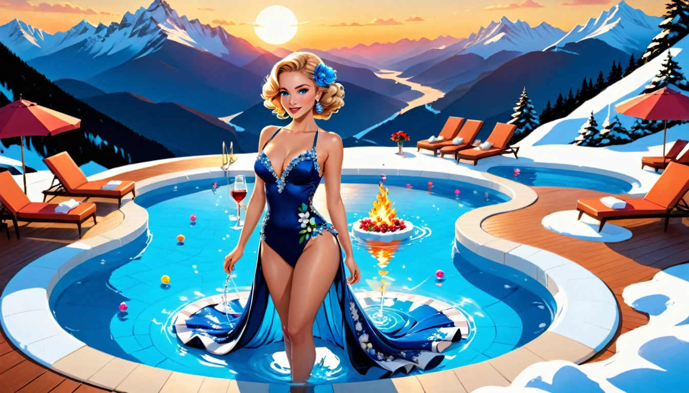 an ultra wide award winning picture of an elite glamour woman in a pool party in a high society pool on a snowy mountain, a most beautiful woman  ((anatomically correct:1.5)), blond hair, rich hair, wavy hair, deep blue eyes, wearing a bathing suit dress, intricate bathing suit, dynamic color, decorated with flowers, decorated with diamonds, sense of prestige, high class, holding a glass of wine, wearing elegant high heels, in a rich high society pool party, large infinity pool in hotel roof, in a resort on a snowy mountain, sun setting down, torches around the pool, and other party goers snow mountain in the background,  Wide-Angle, award winning, best quality, high quality, high details, highres, vibrant, Ultra-high resolution, High Contrast, (masterpiece:1.5), highest quality, Best aesthetics), best details, best quality, highres, ultra wide angle, 16k, [ultra detailed], masterpiece, best quality, chumbasket art style, flower dress