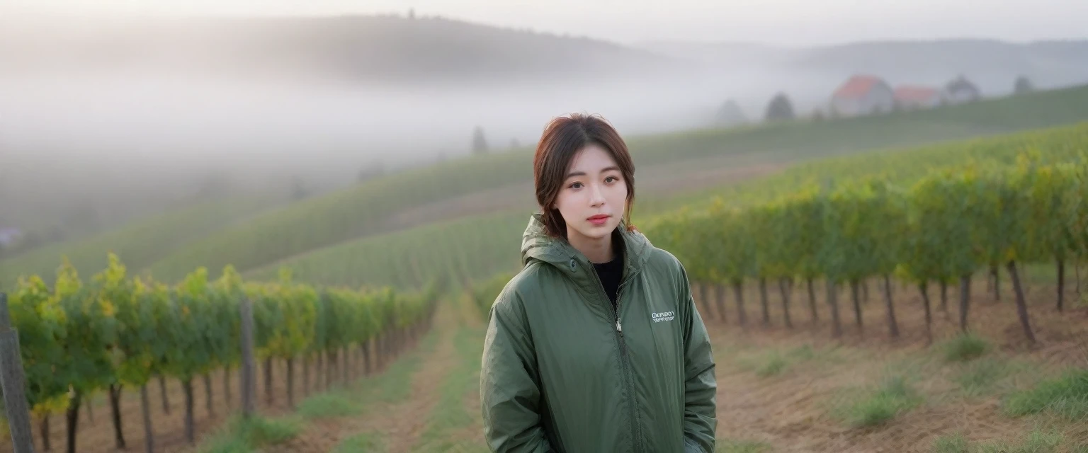 8k best picture quality, Beautiful 36-year-old Korean woman, Chest size 34 inches, The cathedral can be seen through the early morning fog past the vineyards in the Croatian countryside., The back background is realistic and vivid image quality, short and medium hair, Wearing a light parka and casual pants,Perfect and realistic photos, The background is realistic. Full body shot with Canon camera 16-35 wide angle lens, expressionless, Standing on a vineyard hill covered in thick fog.