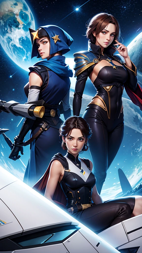 Le'blanc League of Legends, long staff in hand, glowing stone at the top of the staff, dark navy hair color, short hair, semi-transparent clone of herself, yellow eye color, illusionist sorcerer, Leblanc, three striped tiara, semi-transparent clone of herself, her clone