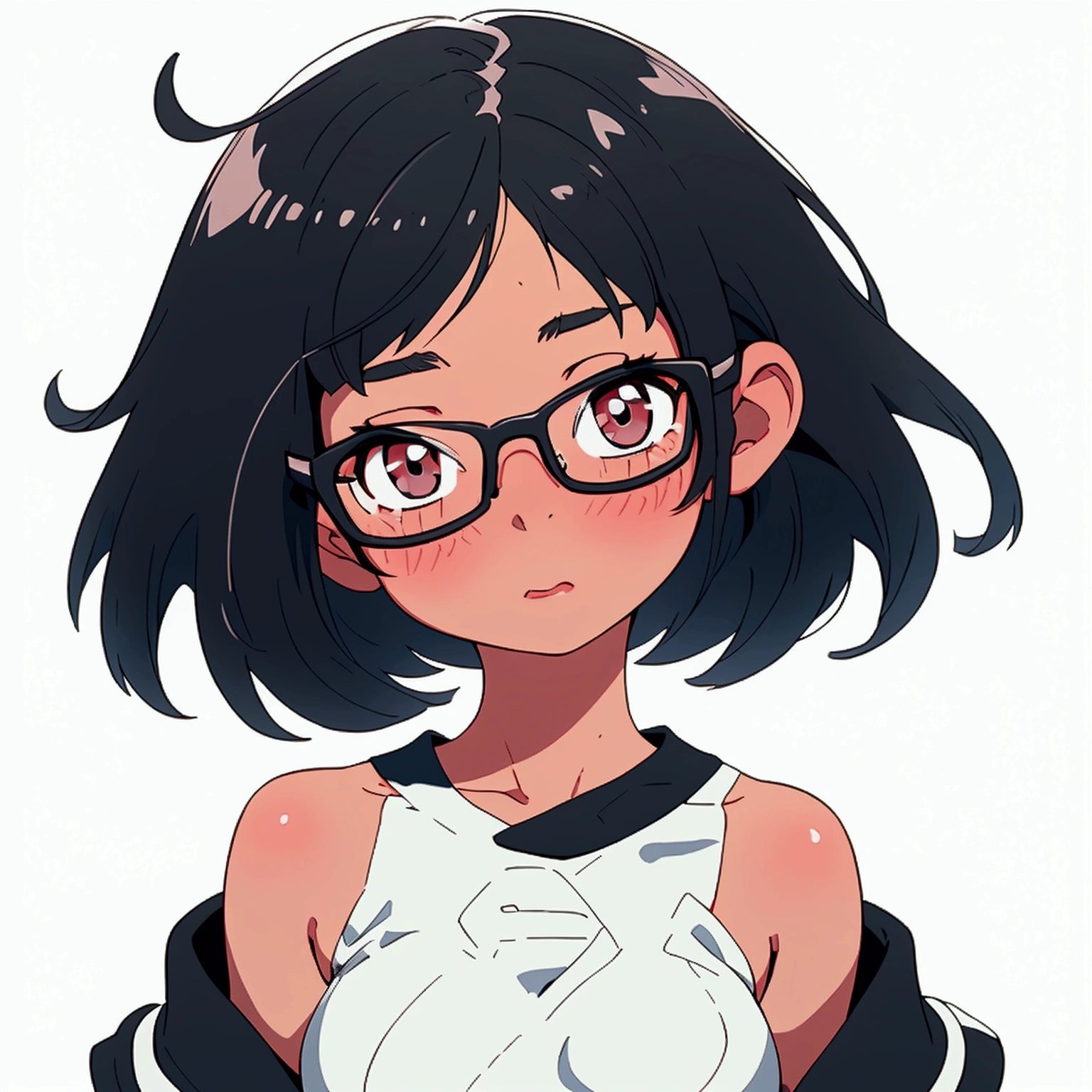 Elementary school girl with bob cut wearing glasses, white background, black eyes, not wearing glasses, kissing pose, looking up, white skin, large breasts, looking up, black hair, naked, bare shoulders, emphasizing breasts
