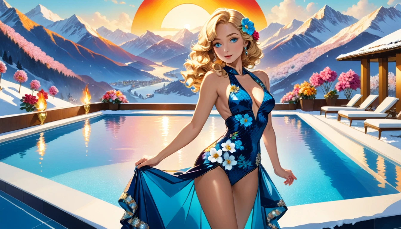 an ultra wide award winning picture of an elite glamour woman in a pool party in a high society pool on a snowy mountain, a most beautiful woman  ((anatomically correct:1.5)), blond hair, rich hair, wavy hair, deep blue eyes, wearing a bathing suit dress, intricate bathing suit, dynamic color, decorated with flowers, decorated with diamonds, sense of prestige, high class, holding a glass of wine, wearing elegant high heels, in a rich high society pool party, large infinity pool in hotel roof, in a resort on a snowy mountain, sun setting down, torches around the pool, and other party goers snow mountain in the background,  Wide-Angle, award winning, best quality, high quality, high details, highres, vibrant, Ultra-high resolution, High Contrast, (masterpiece:1.5), highest quality, Best aesthetics), best details, best quality, highres, ultra wide angle, 16k, [ultra detailed], masterpiece, best quality, chumbasket art style, flower dress