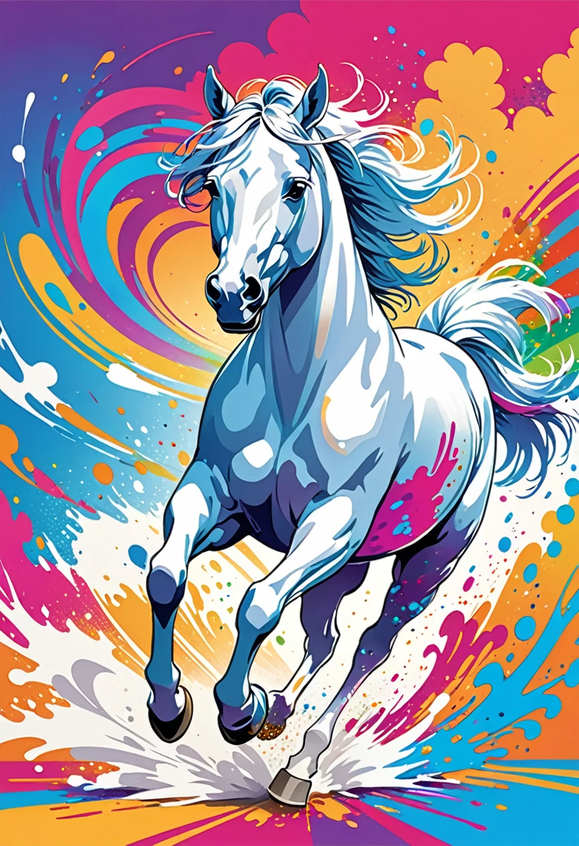 vectorial art, Colorful illustration with running white horse, At the center, swirly vibrant colors, paint splashes and smears, high détail,Hawaii style background