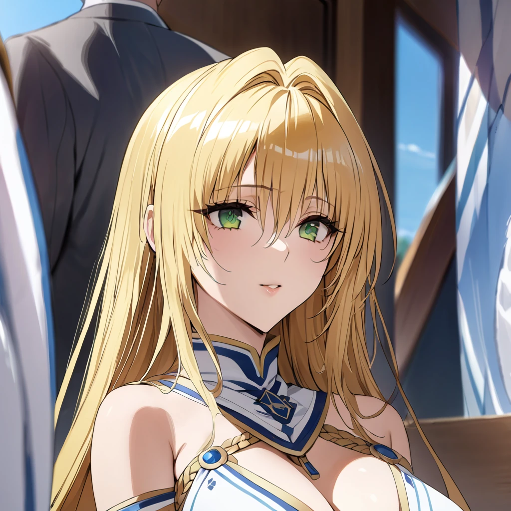 ((Highest quality)), ((masterpiece)), (detailed), （Perfect Face）、The woman is Tiare, with green eyes, medium-length blonde hair, and the clothes of a Messianic Temple Knight.