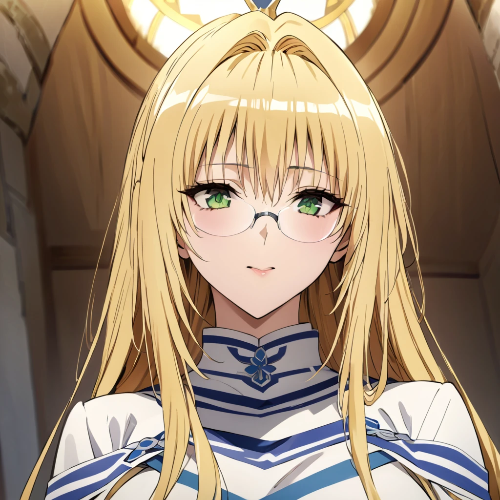 ((Highest quality)), ((masterpiece)), (detailed), （Perfect Face）、The woman is Tiare, with green eyes, medium-length blonde hair, and the clothes of a Messianic Temple Knight.