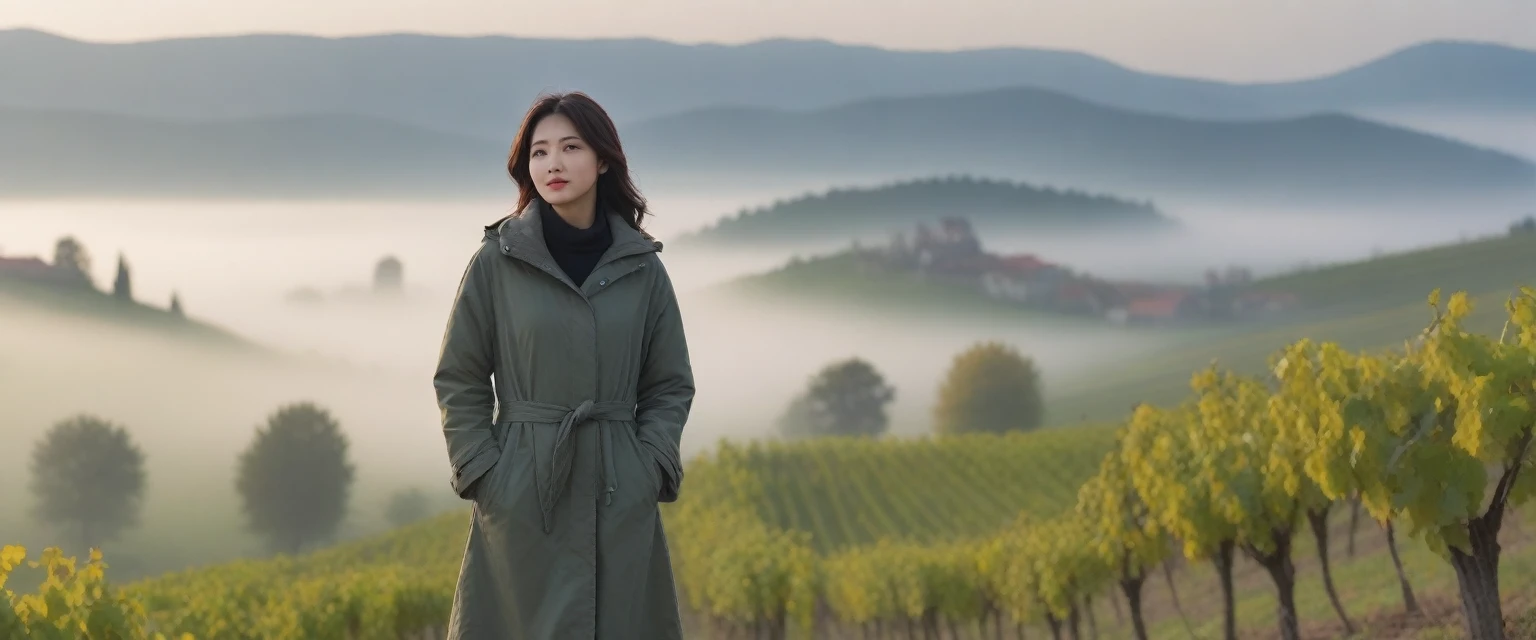 8k best picture quality, Beautiful 36-year-old Korean woman, Chest size 34 inches, The cathedral can be seen through the early morning fog past the vineyards in the Croatian countryside., The back background is realistic and vivid image quality, short and medium hair, Wearing a light parka and casual pants,Perfect and realistic photos, The background is realistic. Full body shot with Canon camera 16-35 wide angle lens, expressionless, Standing on a vineyard hill covered in thick fog.