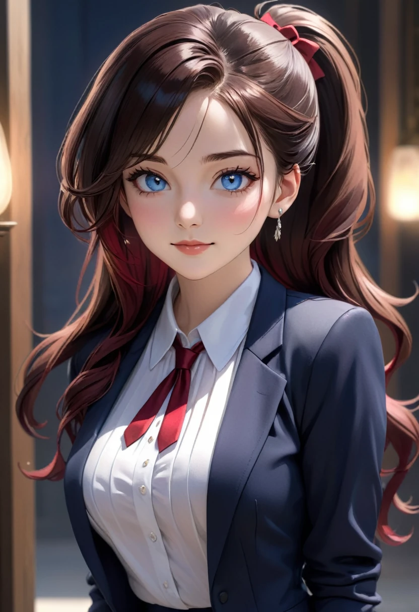 a stunningly beautiful young woman with an athletic yet curvaceous figure, long and silky dark brown hair with reddish highlights, usually tied back in an elegant high ponytail but sometimes worn loose when relaxed, large and expressive deep blue eyes that gleam with a silvery shimmer when her succubus curse is activated, and clear, soft skin with a slight sun-kissed glow, wearing the standard of a white blouse, navy blue pleated skirt, black blazer and red tie, but tailored to accentuate her curves and accessorized with a subtle necklace or bow tie, her expression generally serene and confident with a radiant smile, but with a look of restrained desire when her curse takes hold, 8k, ultra-detailed, photorealistic, professional portrait, dramatic lighting, intricate details, lifelike, fantasy character, dark academia aesthetic