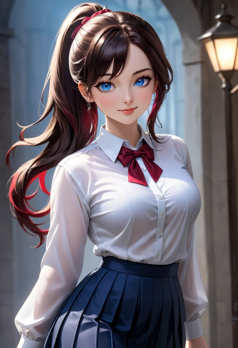 a stunningly beautiful young woman with an athletic yet curvaceous figure, long and silky dark brown hair with reddish highlights, usually tied back in an elegant high ponytail but sometimes worn loose when relaxed, large and expressive deep blue eyes that gleam with a silvery shimmer when her succubus curse is activated, and clear, soft skin with a slight sun-kissed glow, wearing the standard of a white blouse, navy blue pleated skirt, black blazer and red tie, but tailored to accentuate her curves and accessorized with a subtle necklace or bow tie, her expression generally serene and confident with a radiant smile, but with a look of restrained desire when her curse takes hold, 8k, ultra-detailed, photorealistic, professional portrait, dramatic lighting, intricate details, lifelike, fantasy character, dark academia aesthetic
