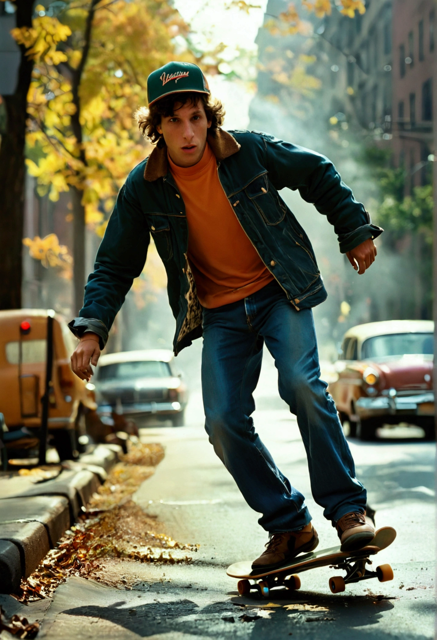 There is a man riding a skateboard down the street, in style of Joel Meyerowitz, campaña like boys, style of Joel Meyerowitz, Jamil Shabazz, por Glen Angus, Ralph Goings, Joel Meyerowitz, skater style, annie leibowitz, inspired by Bruce Gilden, michael bair, Bronson Action