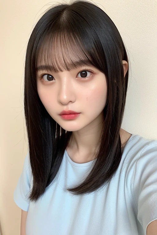 See-through tops、Big Breasts、camisole、(背景にWhite wall、Some of her hair is sky blue:1.4)、White wall、In front of a white door、(窓のあるWhite wallの部屋)、((Highest quality、8K、masterpiece:1.3))、Ultra-high resolution、(photoGenuineistic:1.4)、RAW Photos、Japanese,(face)、Genuine、Photographed in natural light、Highly detailed face and skin texture、Highly detailed lips、The correct state of the human body、Medium Hair、Black Hair、Various poses、Natural color lip