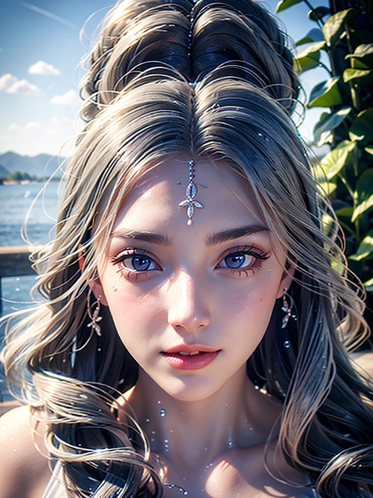 a woman with beautiful features, long grey hair, wearing a pure white dress, high quality, photorealistic, detailed portrait, extremely detailed face, beautiful eyes and lips, long eyelashes, well-proportioned body, perfect perspective, masterpiece, 8K, photo-realistic、It is surrounded by glass-like water.