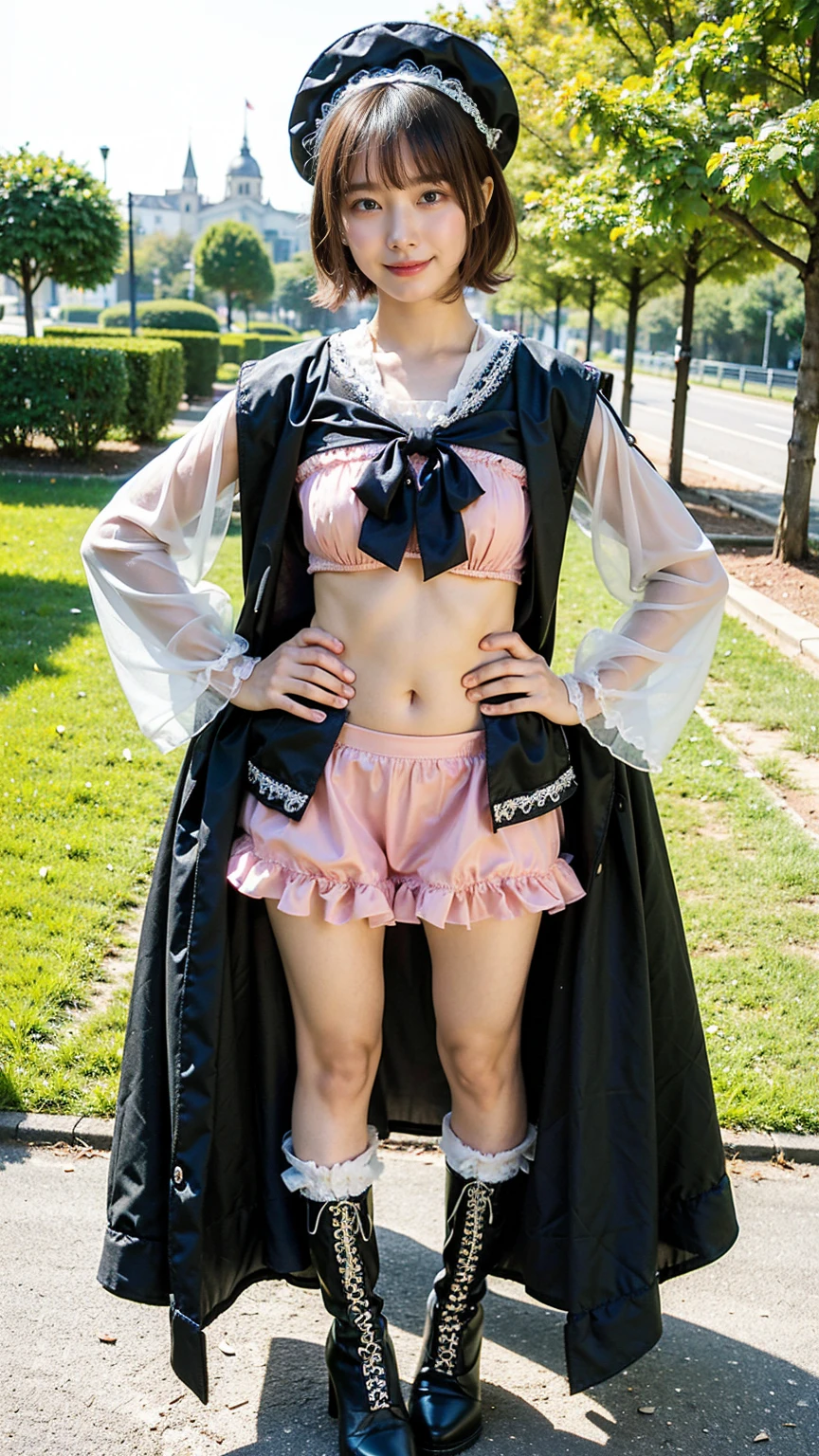 (8K、RAW Photos、Highest quality、masterpiece:1.2)、(Highest quality、Realistic)、1 Girl、((ribbon、Tube top、Medium Hair、Frills、Big Breasts、Breast enlargement、smile、pink、and black、Lace cloak、mini skirt、Thin legs、whole body、boots、garden、View from the front、Looking into the camera、Idol Costume、Stand with hands on hips))、cute