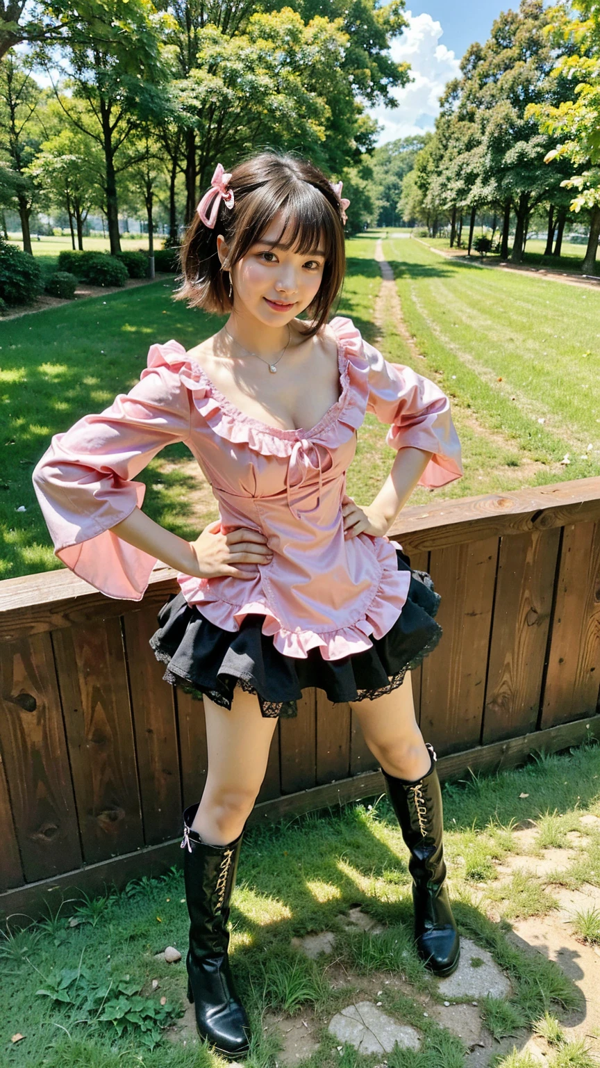 (8K、RAW Photos、Highest quality、masterpiece:1.2)、(Highest quality、Realistic)、1 Girl、((ribbon、Tube top、Medium Hair、Frills、Big Breasts、Breast enlargement、smile、pink、and black、Lace cloak、mini skirt、Thin legs、whole body、boots、garden、View from the front、Looking into the camera、Idol Costume、Stand with hands on hips))、cute