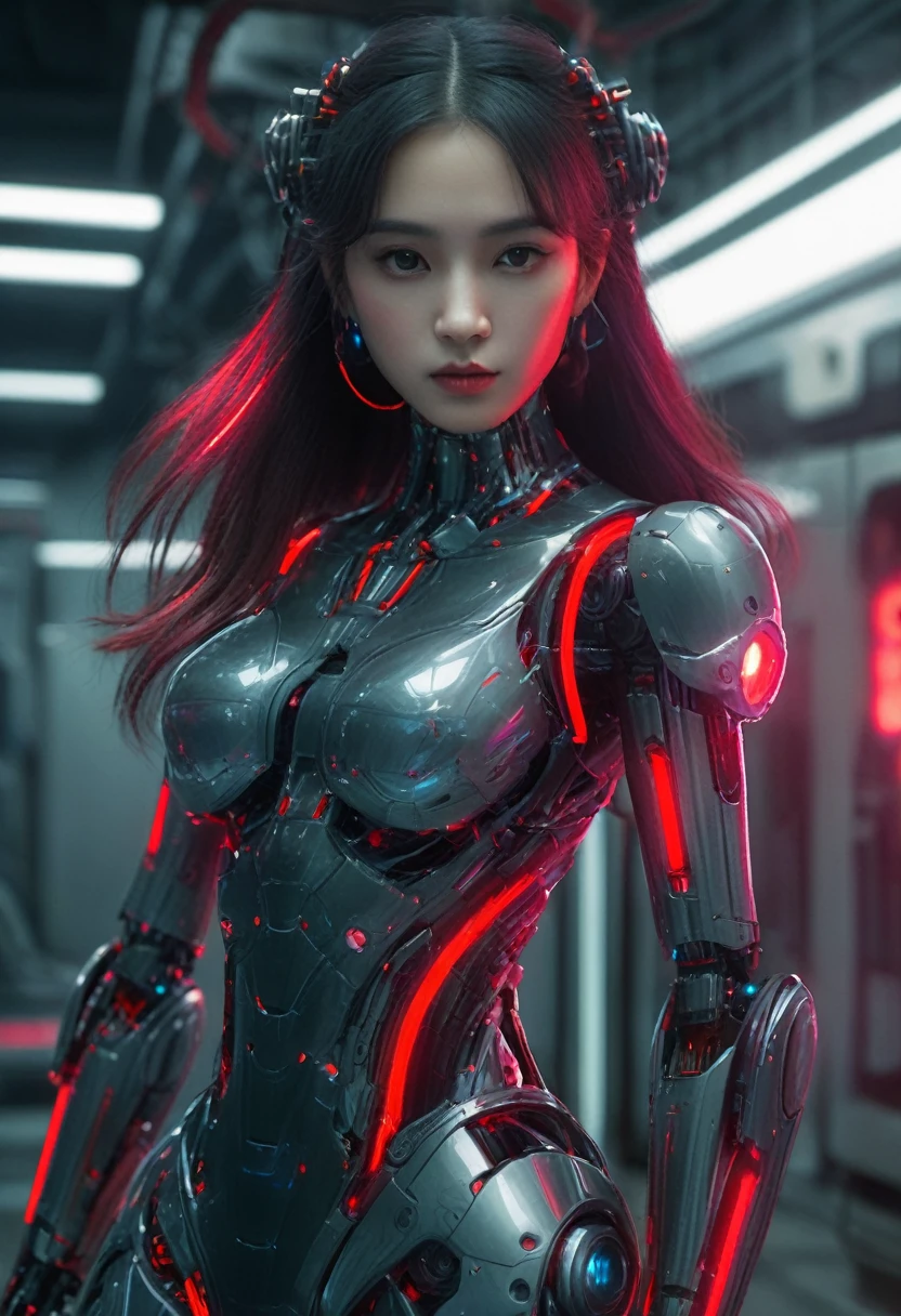 xxmixgirl. Highly detailed professional 35mm film, bokeh, face in sharp focus. A robotic female, Miku, with ((metal skin)), ((perfect Asian eyes)) with magenta irises and ((black pupils)), beautiful serious (detailed face), 18 year old ((photorealistic face)), very long magenta twin tails of magenta hair, twin black hair ties with a single red stripe. She may have a black audio headpiece. We can see her ((full body)) down to her boot soles. Her outfit is a sleeveless collared light grey shirt, outlined in red around the frilled collar and hems. Shiny reflective ((metallic breast cups, dimpleless)), invisible nipples. She wears black sleeves with red hems that start around her upper arm and bellow out as the sleeves open and extend to her wrists, with wide trumpet red rimmed cuffs. She has perfect robotic (detailed hands). She wears a red colored tie with two horizontal solid parallel black lines halfway across. She wears a fabric black skirt with a horizontal red hem at the bottom all the way around; her (((black skirt wraps around her))) and ((her skirt completely covers)) her robotic waist and thighs. Tall black boots with red bottom soles, a red rim around the top at her thighs. Her mechanical shoulder joints are visible. We can see her robotic legs and robotic neck. Half of her is covered with shiny polished machinery. The background is a distant dark neon futuristic Japanese city, gold, cyan, violet neon, near harbor or mountains.